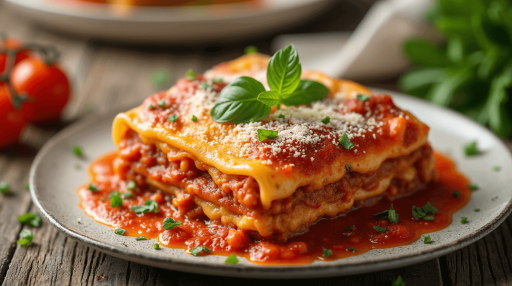 Layers of cheesy Barilla lasagna served with marinara sauce