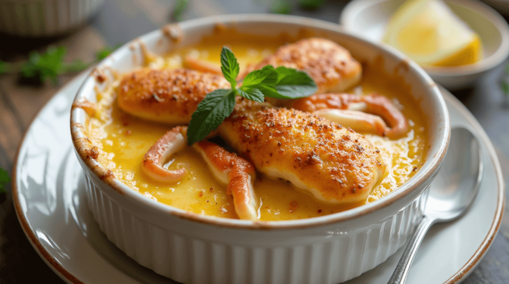 Crab brulee served in a small ramekin with a crispy golden top