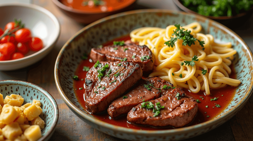 A juicy steak served with a plate of pasta in a creamy sauce