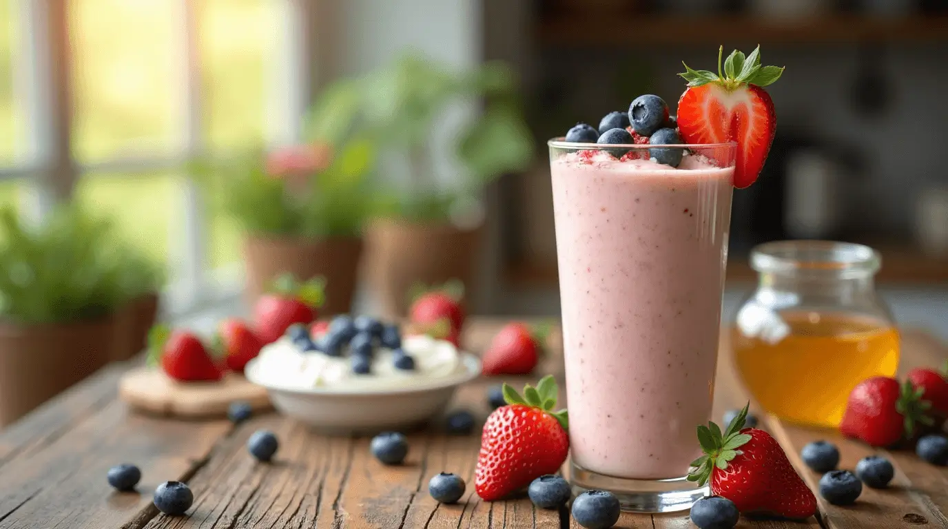 Greek yogurt smoothie in a glass with fresh fruit garnish