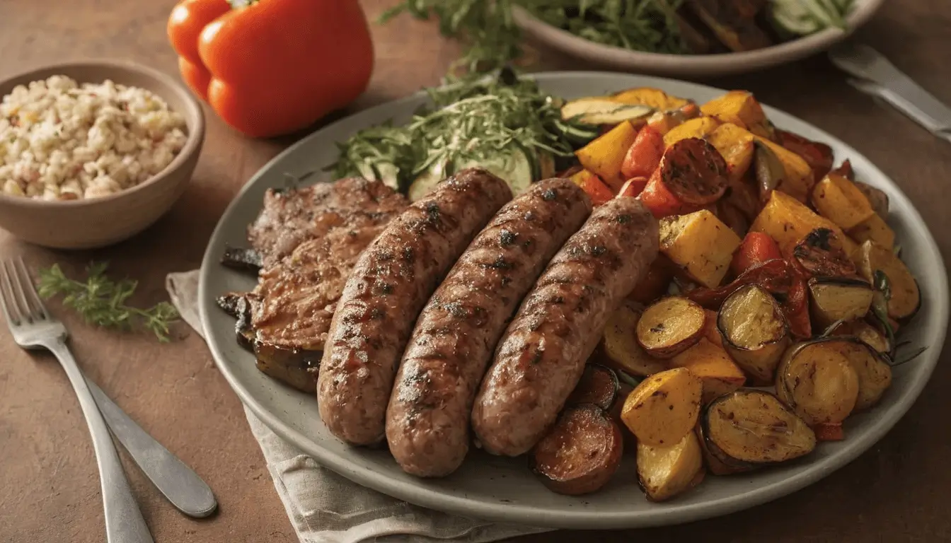 Freshly cooked Italian turkey sausage links on a wooden platter, surrounded by fresh herbs and spices, showcasing a healthy and flavorful option