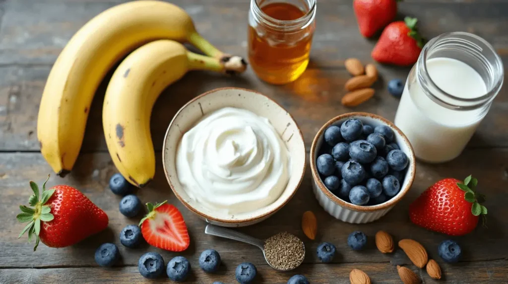 Greek yogurt smoothie in a glass with fresh fruit garnish