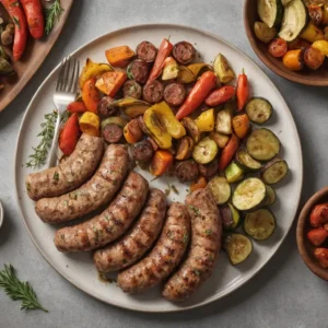 Freshly cooked Italian turkey sausage links on a wooden platter, surrounded by fresh herbs and spices, showcasing a healthy and flavorful option