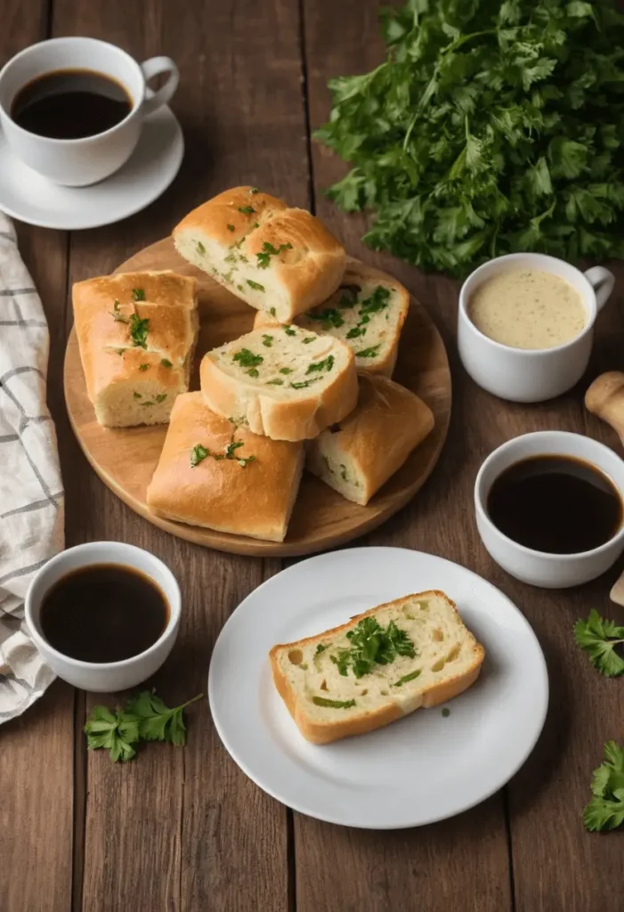 Golden Hawaiian Roll Garlic Bread garnished with parsley, arranged on a wooden cutting board with a bowl of melted garlic butter nearby