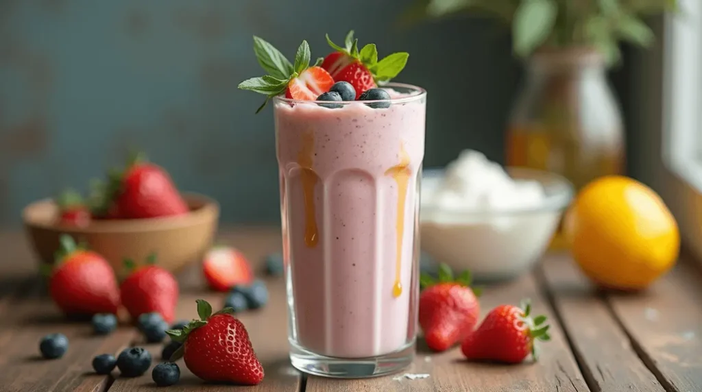 "Greek yogurt smoothie in a glass with fresh fruit garnish."