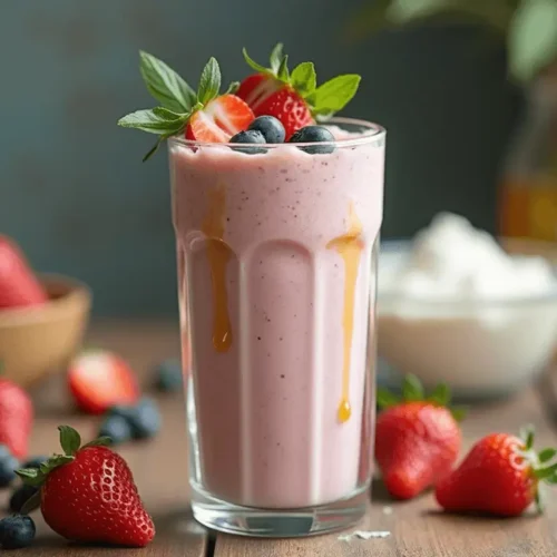 "Greek yogurt smoothie in a glass with fresh fruit garnish."