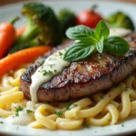 A deliciously plated steak and pasta dish garnished with fresh herbs, served with a creamy sauce, showcasing vibrant colors and rich textures.