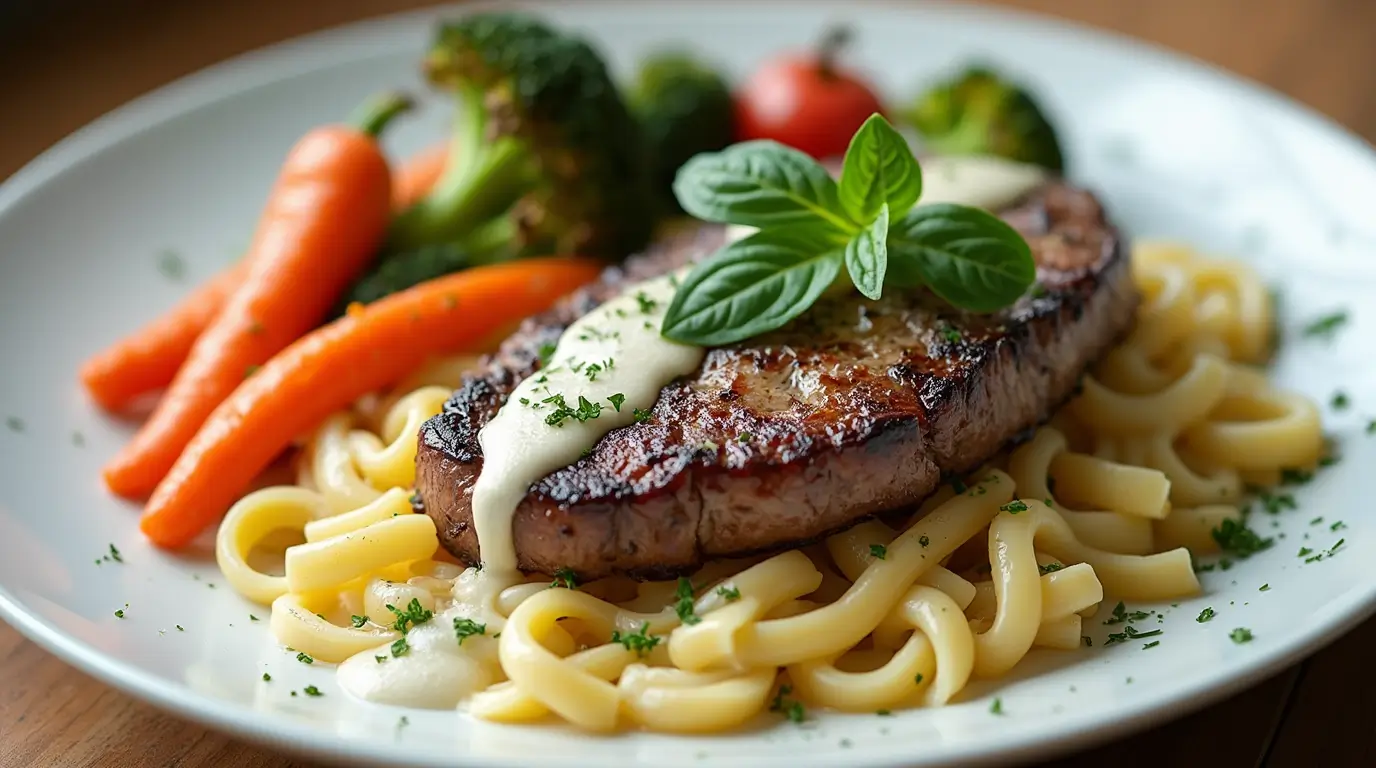 A deliciously plated steak and pasta dish garnished with fresh herbs, served with a creamy sauce, showcasing vibrant colors and rich textures.