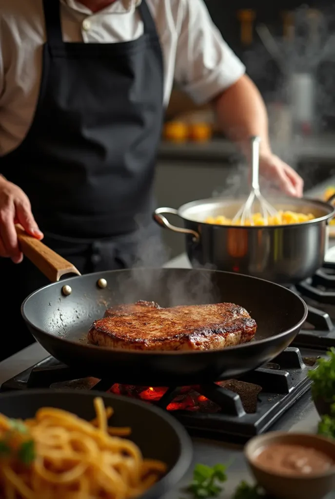 A deliciously plated steak and pasta dish garnished with fresh herbs, served with a creamy sauce, showcasing vibrant colors and rich textures.