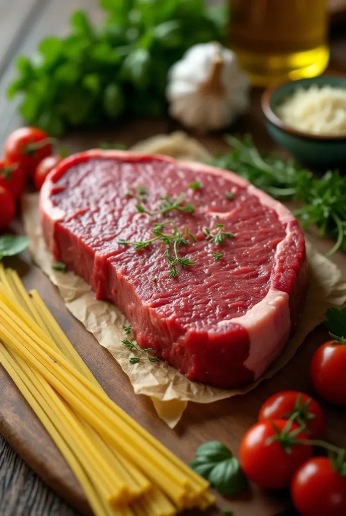 A deliciously plated steak and pasta dish garnished with fresh herbs, served with a creamy sauce, showcasing vibrant colors and rich textures.
