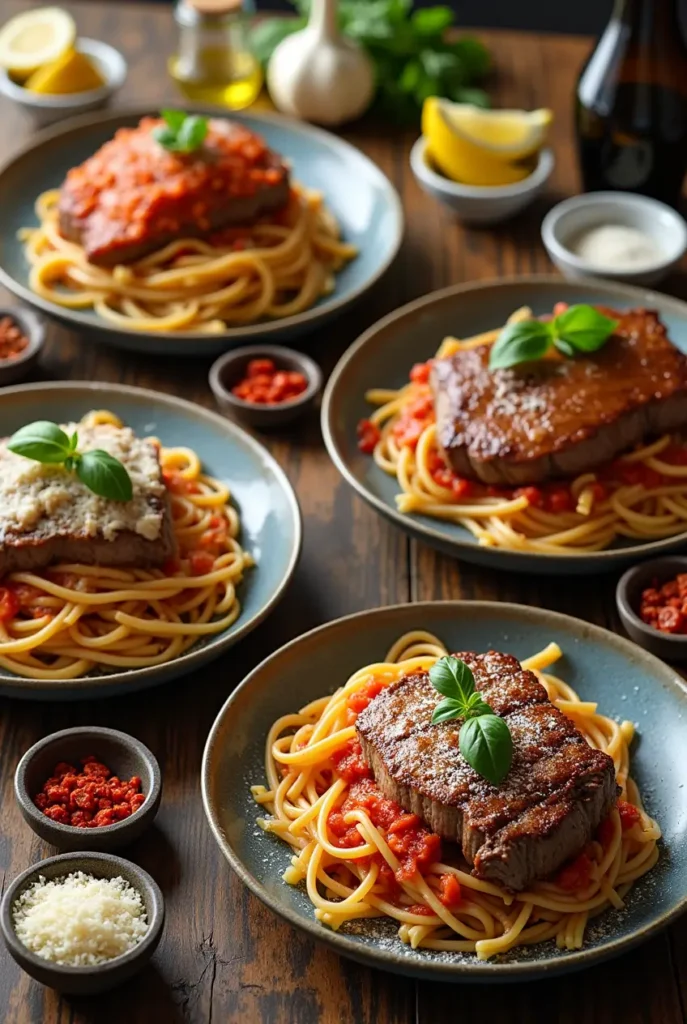 A deliciously plated steak and pasta dish garnished with fresh herbs, served with a creamy sauce, showcasing vibrant colors and rich textures.
