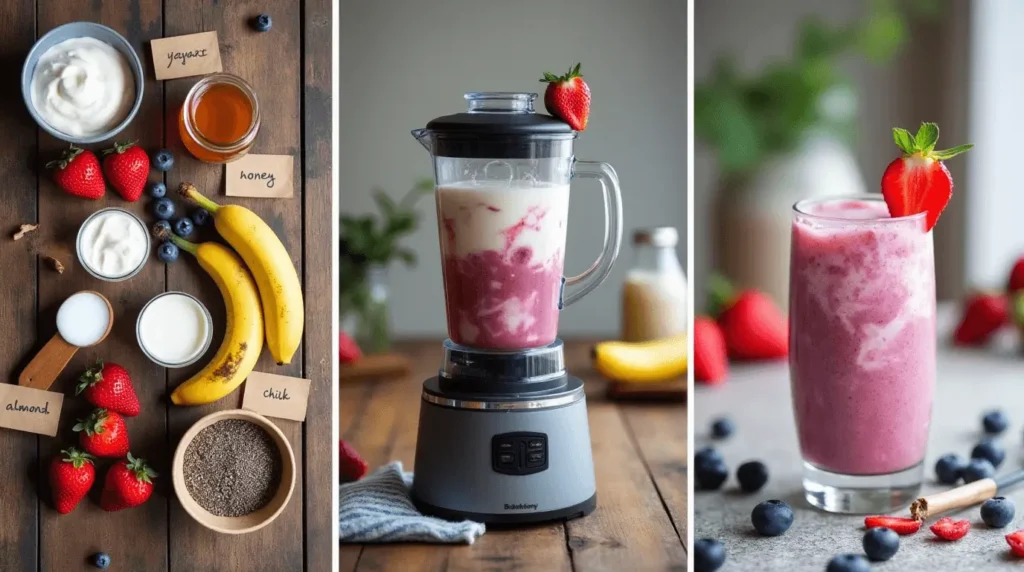 Greek yogurt smoothie in a glass with fresh fruit garnish